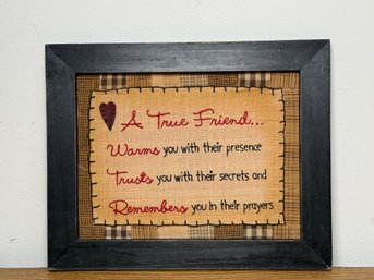 Vintage Handmade Folk Art 'A True Friend' Framed Needlework Sampler
