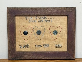 Vintage Handmade Needlework  'True Friends Share One Heart' Sampler, Replica Of 1885 Antique Sampler