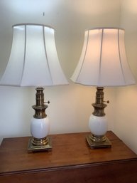 Pair Of Very Heavy Vintage White & Brass Lamps