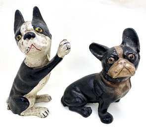 2 Vintage Cast Iron Boston Terrier French Bulldog Dog Doorstops