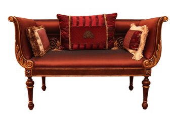 French Inspired  Louis XVI Style Gilt Ruby Red Upholstered Settee  With A Floral Scroll Frame $5,900.00