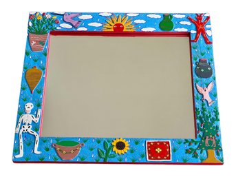 Vibrant Mexican-style Hand-painted Wooden Folk Art Mirror