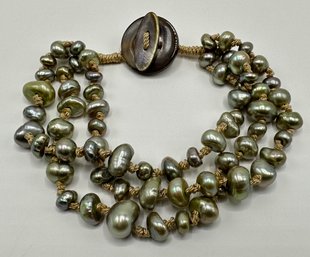 New Fresh Water Pearl Triple Stand Bracelet By Honora, 8 Inches, With Leather Clasp