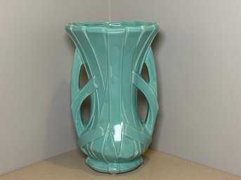 Vintage McCoy Turquoise Green 'Ribbon Strap' Vase