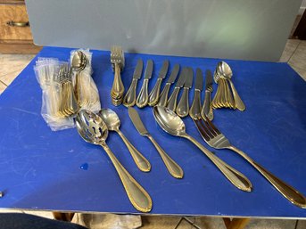 45 Piece Service For 8 Plus 5 Pc. Serving Pces.  Northbridge Gold Trimmed Flatware W/box