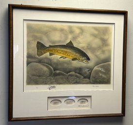 Large Vintage DICK LEYDEN Hand Colored Lithograph With Brown Trout With Hand-tied Fishing Flies