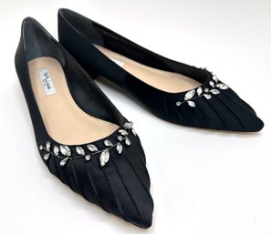 New Nina Zenida Black Luster Flats Shoes With Rhinestones, Size 11