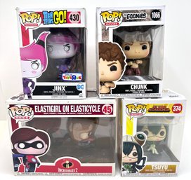 4 New In Box Funko Pop! Vinyl Figurines: Elastigirl, Goonies Chuck, My Hero Academia Tsuyu  & Teen Titans Jinx