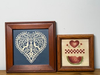Pair Of Signed Framed American Folk Art – Scherenschnitte Style Cut Out Lovebirds & Signed Watermelon Heart