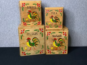 Vintage Handpainted Wooden Rooster Canister Set
