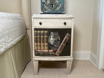 Beautiful Tom Rose Hand-Painted Trompe LOeil Design Nightstand With Marble Top, 1 Of 2