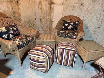 Two Wicker Barrel Chairs With Cushions, 2 End Tables And Two Ottomans