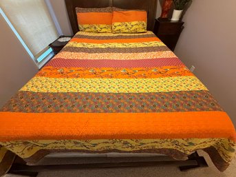 Vibrant Orange & Yellow Patterned Cotton Coverlet & Matching Shams