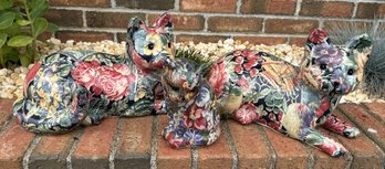 Vintage Floral Decoupage Ceramic Recumbent Cat Statues