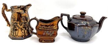 Vintage Hand Painted Japanese Moriage Tea Pot & Copper Luster Pitcher & Creamer