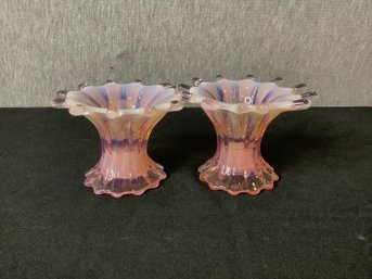Pair Of Vintage Fostoria Heirloom Pink Opalescent Candle Holders