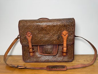 Vintage Woven Rattan & Leather Messenger Bag
