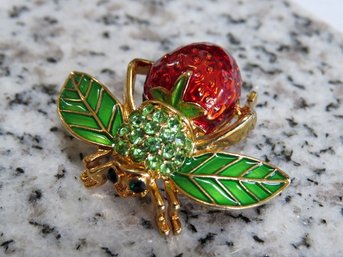 Joan Rivers Goldtone Enameled Rhinestone Strawberry Bee Brooch