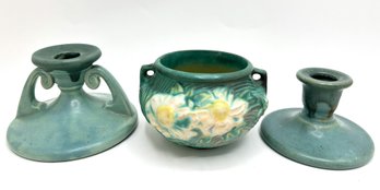 Vintage Roseville Pottery Peony Jardiniere Planter & 2 Roseville Candlesticks