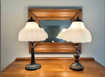 Two Petite Milkglass Vintage Bronze Lamps