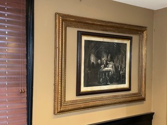 Antique Thomas Faed 'The Cotter's Saturday Night' Etched Print With Wavy Glass & A Large Gilded Frame