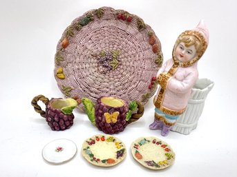 Vintage Minature Plates, Fairy Style Pitchers & Toothpick Holder With Figurine