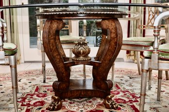 Round Heavy Gauge Glass  And Ornate Burl Wood Base Dining Table With Lion Paw Feet