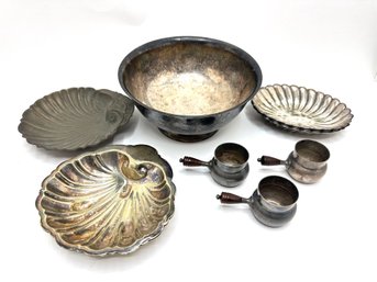 6 Vintage Silver Plate Bowls Including Shell Shaped & 3 Salt Cellar Pots  By Gorham, Meriden & More