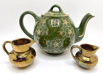 Vintage Hall Spruce Green Tea Pot With Gold Accents & 2 Lusterware Creamers