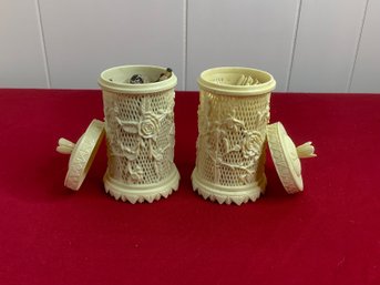 Pair Of Vintage Faux Ivory Cocktail Utensil Holders