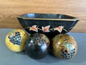 Beautiful Footed Black Ceramic Bowl W/ Grape Interior And 3 Handpainted Ballsq