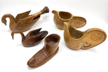 Vintage Yugoslavian Hand Carved Wood Wedding Cups, Pestal & Folk Art Wood Shoe
