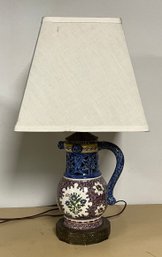 Vintage Hand Painted Pottery Pitcher Form Table Lamp W/ Shade  ~ 22 Inches High ~