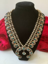 Sterling Silver Navajo Turquoise Bear Paw Squash Blossom Necklace