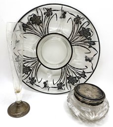 Vintage Sterling Silver Overlay Platter, Weighted Silver Crystal Vase & Cut Crystal Bowl With Plated Lid