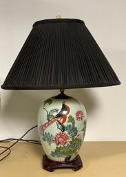 Vintage Asian Porcelain Ginger Jar Table Lamp W/ Black Pleated Shade & Figural Finial 26 Inches High