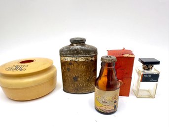 Antique Suededene Bottle, Tabu Perfume Bottle, Bakelite Powder Box & Miniature Glass Bottle