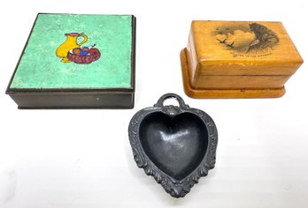 Vintage German Cloisonne Enameled Metal Trinket Box, Heart Shaped Mini Bowl & Wood Box