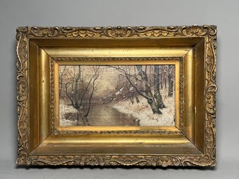 Antique Winter Landscape Original Oil Painting In Ornate Gilt Frame