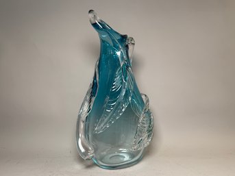 Impressive Marthas Vineyard Glassworks Andrew Magdanz Signed Hand Blown Aqua Art Glass Vase With Leaf Design