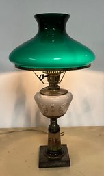 Vintage Hurricane Table Lamp W/ Green Cased Glass Shade ~ Hand Painted Heron Scene ~