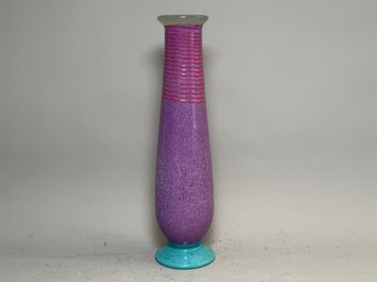 Marthas Vineyard Glassworks Andrew Magdanz Hand Blown Signed Art Glass Vase, Purple With Red Rings & Aqua Base