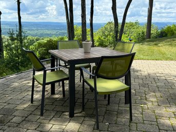 Crate & Barrel Outdoor Table & Four Lanai Green Mesh Chairs