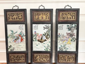Three Antique Chinese Famille Rose Porcelain Wall Tiles