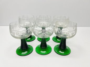 6 Etched Wine Glasses With Green Stems