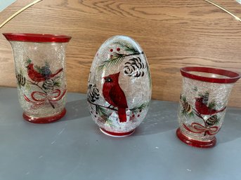 3 Pc. Red Bird Cardinal Crackle Glass