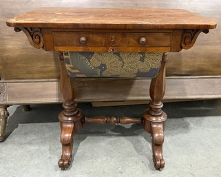 Victorian Walnut Sewing Table With Drawer & Fabric Storage