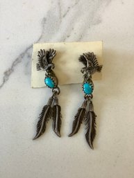 Sterling Silver Turquoise Eagle & Feathers Necklace & Earrings #25