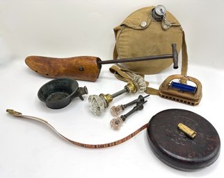 Vintage Canteen, Measuring Tape, Crystal Knobs, Spindle & Bronze Silk Iron