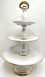 Vintage 3 French Empire Porcelain Three-tier Dessert Stan With Gold Accents